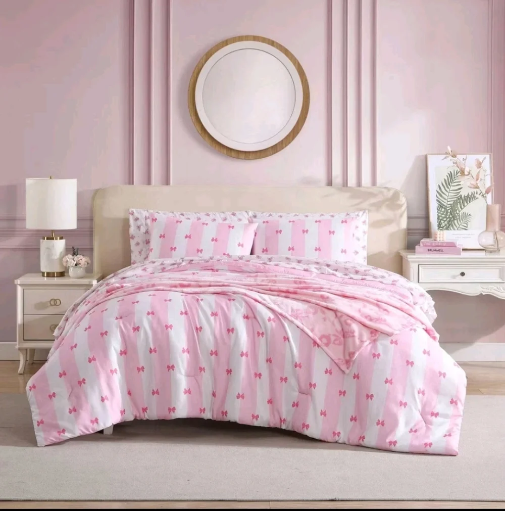 8pc Betseyville by Betsey Johnson Queen Bow Striped Bed Set Bright Pink